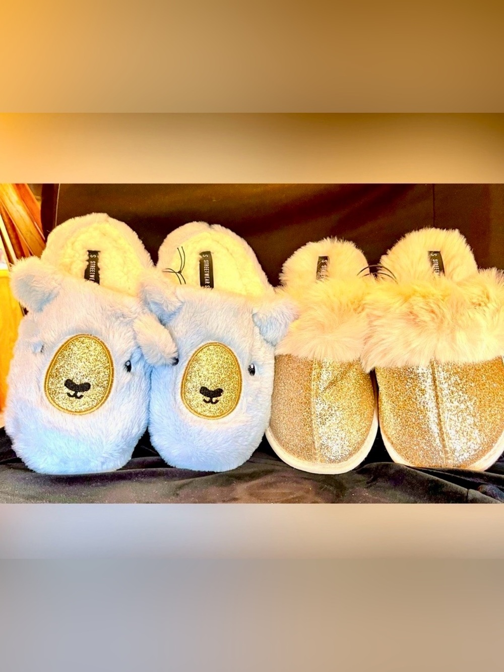 NWT Cozy Blue Bear Slippers Gold Glitter Faux Fur Clog Bundle Girlhoodcore SZ 6